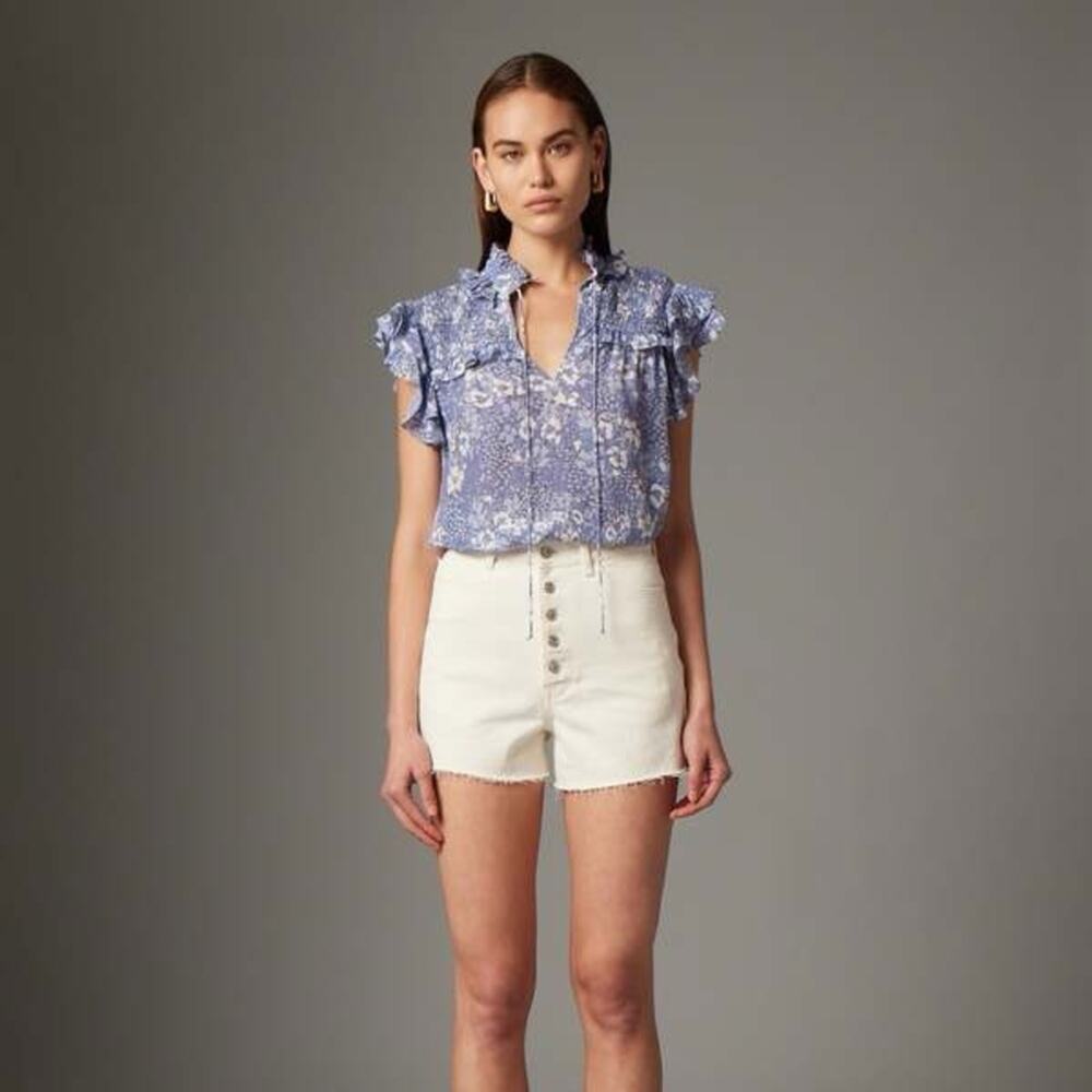 Gilner Farrar | Womens Sienna Top Blouse Blue Meadow Smocked Tie Neck Ruffles XS